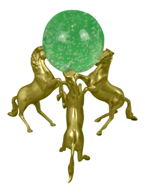 Triptych of Brass Rearing Horse Figurines W/ Crystal Globe