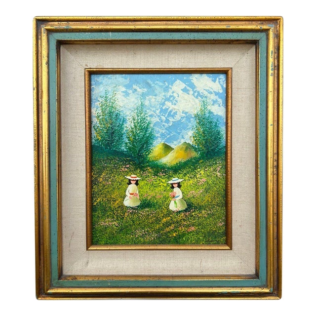 1960s - 1970s Vintage Oil Painting Young Girls in Sun Hats in Field Picking Flowers For Sale