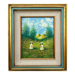 1960s - 1970s Vintage Oil Painting Young Girls in Sun Hats in Field Picking Flowers