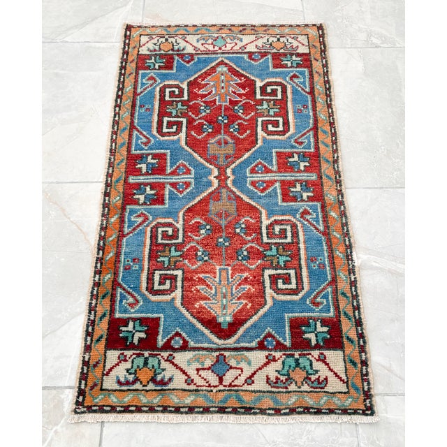 Boho Chic Distressed Low Pile Oushak Yastik Petite Rug Low Pile Faded Colors Mat - 19'' X 36'' For Sale - Image 3 of 9