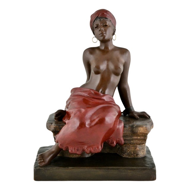Emmanuel Villanis, Art Nouveau Sculpture of Seated Girl, 1900, Metal For Sale