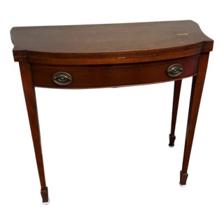 Mid 20th Century Mahogany Flip-Top Demi-Lune Game Table Console — Elegant Convertible Hall Table For Sale
