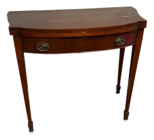 Mid 20th Century Mahogany Flip-Top Demi-Lune Game Table Console — Elegant Convertible Hall Table