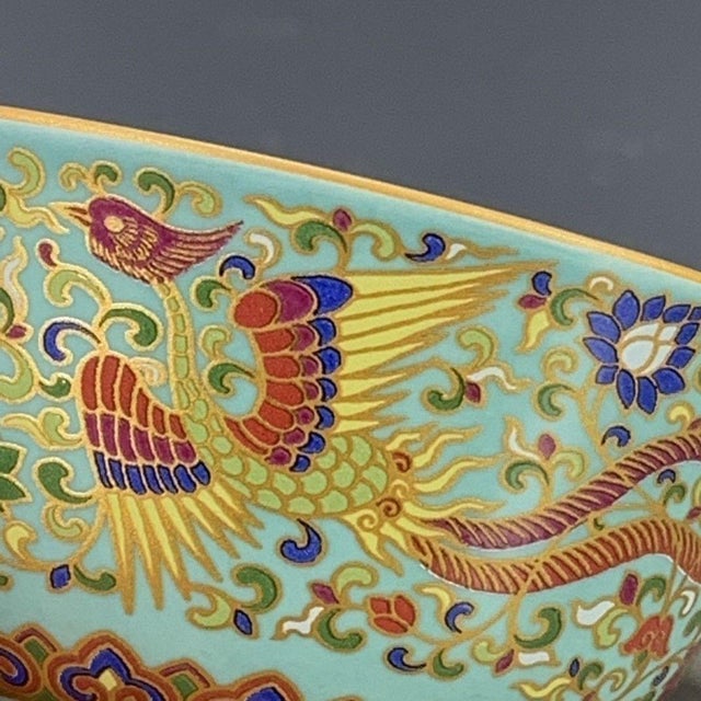 Vintage Chinese Porcelain Bowl, Turquoise Ground Gilded Phoenix Motif Bowl For Sale - Image 9 of 9