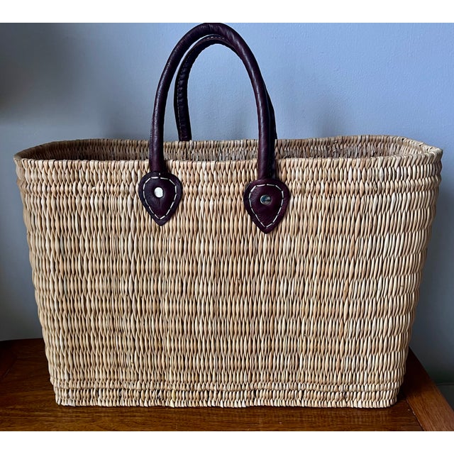 French Straw Market Tote Basket-Leather Handles For Sale In New York - Image 6 of 6