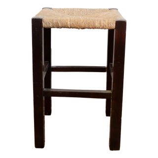 Vintage Rustic Wooden Stool with Straw Seat, 1960s For Sale
