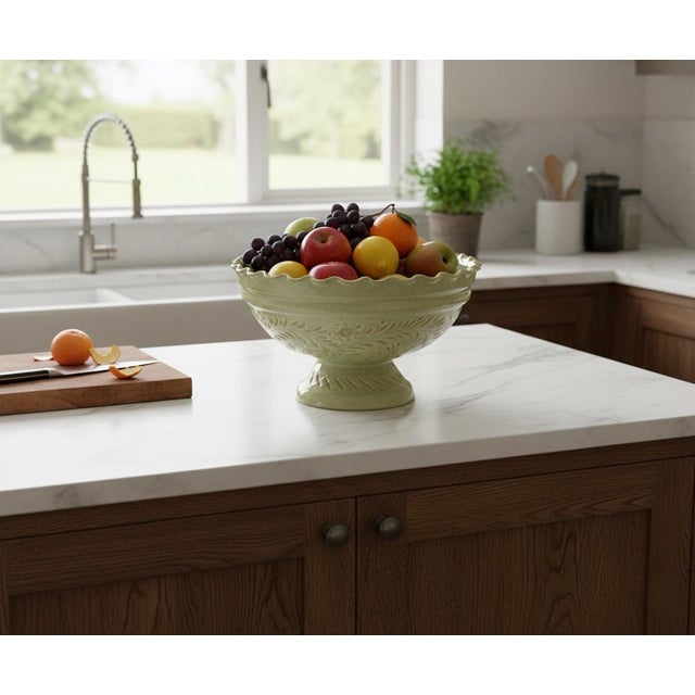 Vintage-Style Scalloped Celadon Pedestal Bowl – 11" Textured Ceramic Compote For Sale - Image 9 of 9