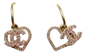 Chanel Gold CC Heart Pink Crystal Overlap Hoop Earrings, A Pair