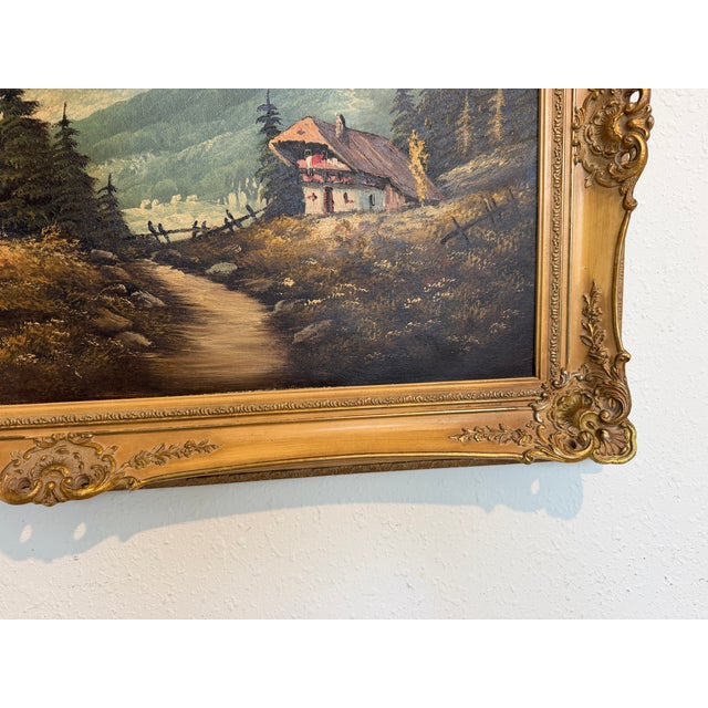 Large VTG Alpine Mountain Landscape Oil Painting European Cabin Framed Signed For Sale - Image 14 of 15