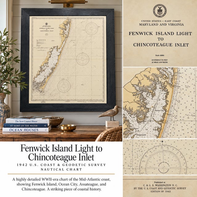 Nautical Maryland and Virginia Fenwick Island Light to Chincoteague Inlet - 1944 Nautical Map - Custom Framed For Sale - Image 3 of 5