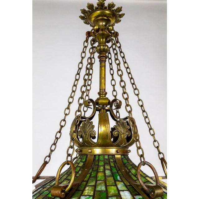 19th Century 19th Century Victorian Art Nouveau Green Slag Glass & Brass Mascaron Pendant Light With Chain Fringe For Sale - Image 5 of 13