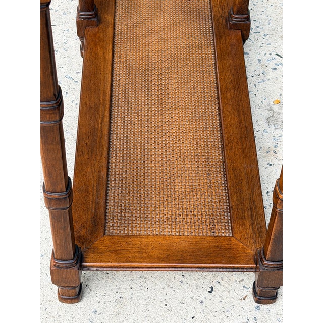 Brown 1970s Walnut Two Tier Glass Top Console Table With Faux Caning Shelf For Sale - Image 8 of 12