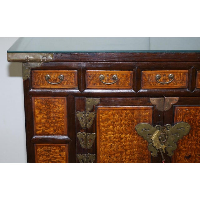 Antique Chinese Burr Elm & Brass Engraved Sideboard For Sale - Image 5 of 18