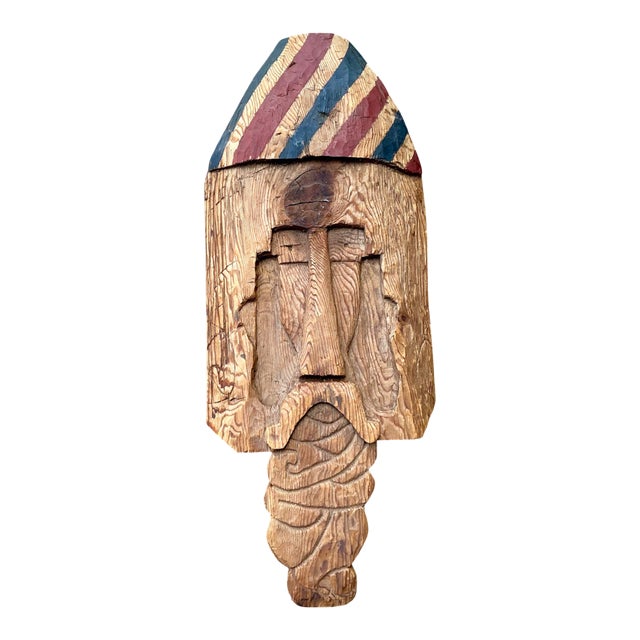 Vintage Rustic Carved Wood Mask For Sale