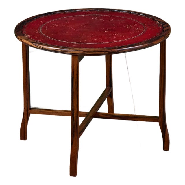 Round Red Leather-Top Occasional Table For Sale