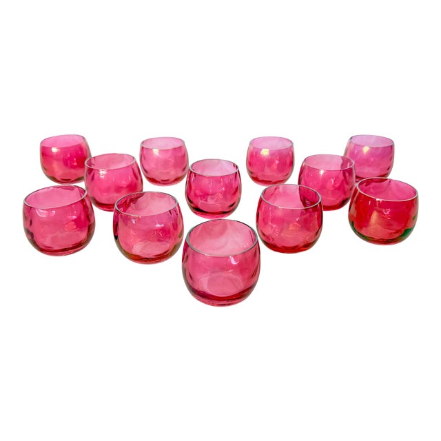 Mid Century Optic Pink Cranberry Roly Poly Glasses, Set of 12 For Sale