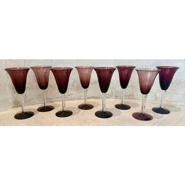 Blenko Rare Vintage Mid-Century Bill Blenko Designed Art Glass Air Twist Amethyst Water Goblets/Wine Glasses- Set of 8 For Sale - Image 4 of 12