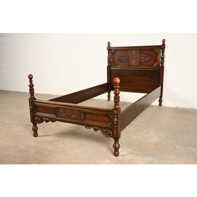 1920s Berkey & Gay Style Antique English Jacobean Carved Walnut and Burl Wood Twin Size Bed, Circa 1920s For Sale - Image 5 of 13