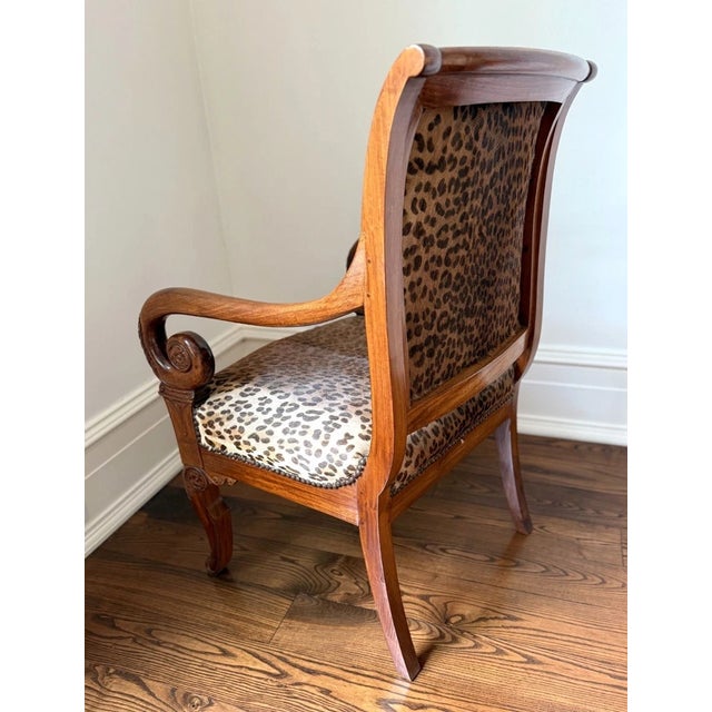Mid 20th Century Empire Style Leopard Print Animal Hide Carved Wood Arm Chair For Sale In Chicago - Image 6 of 13