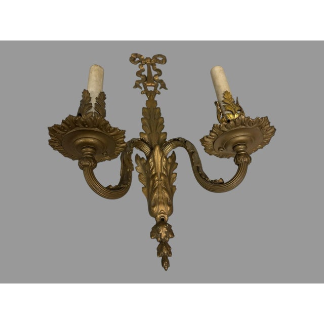 Pair of Vintage Two Light Gilt Metal Candelabra Wall Sconces Lamps For Sale - Image 6 of 9