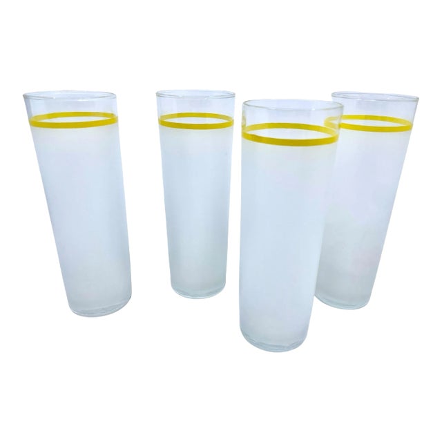 1970s Vintage Yellow Stripe Frosted Glass Tumblers- a Set of 4 For Sale