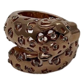 Leopard Jaguar Panther Lion Diamond Emerald 14k Rose Gold Statement Animal Ring, Size 7 For Sale