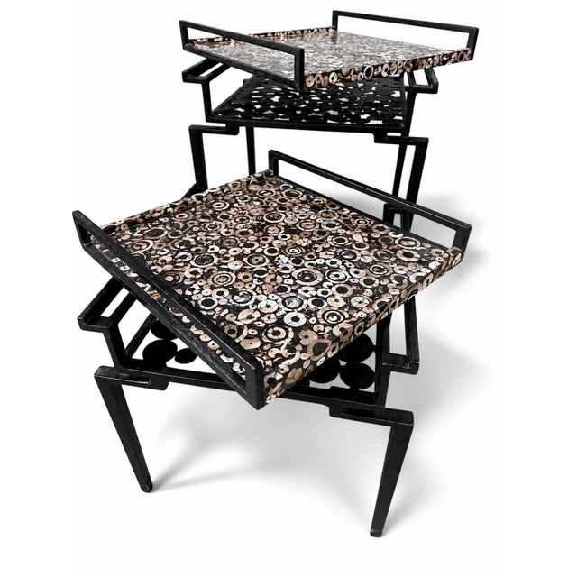 Art Deco Rare R & Y Augousti Paris Modern Art Deco “Cecilia” Nesting Tables With Hand Inlaid Shell Mosaic Tray Top For Sale - Image 3 of 7