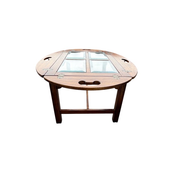Brown Late 20th Century Wooden Butler's Tray Table With Glass Inset Panels For Sale - Image 8 of 18