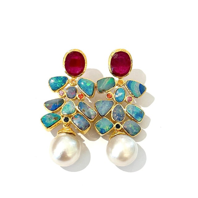 Bochic “Orient” Red, Opal & Multi Color Sapphires Earrings Set 18K Gold &Silver - a pair For Sale In New York - Image 6 of 9