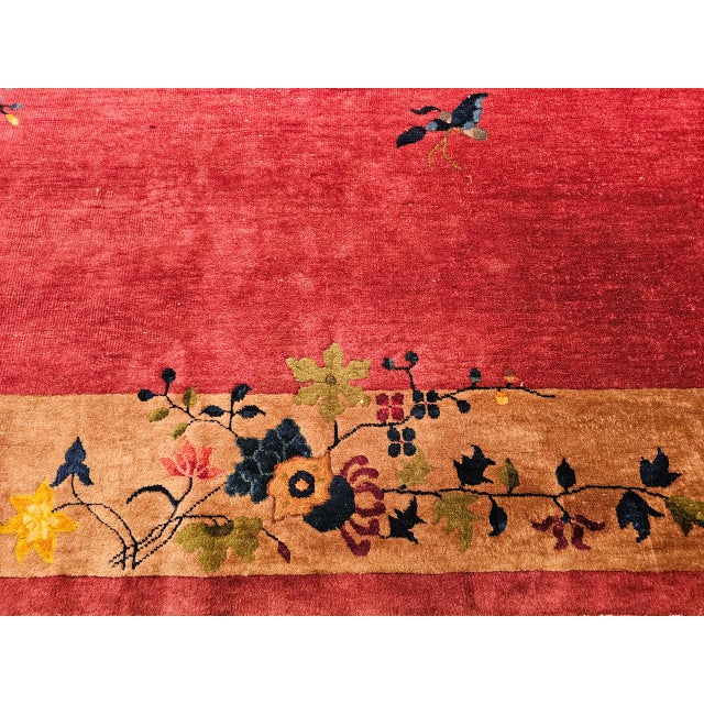 Textile Vintage Chinese Art Deco Hand-Knotted Rug, Floral Motif, Wool, 1900s, 9' x 12' For Sale - Image 7 of 18