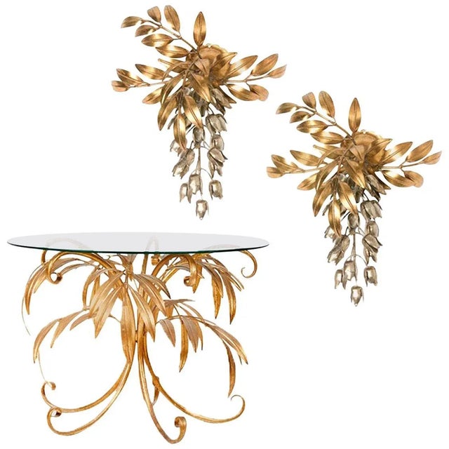 Gilt Metal Palm Tree Wall Sconces and Side Table by Hans Kögl, 1960s, Set of 3 For Sale - Image 13 of 13