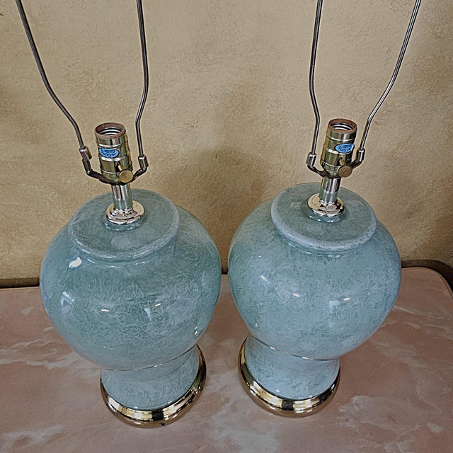 Metal Pair of Vintage Celadon Glazed Ceramic Ginger Jar Table Lamps For Sale - Image 7 of 18