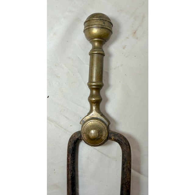 Brass Antique 18th Century Wrought Iron Turned Brass English Fireplace Tongs Tool 22 For Sale - Image 8 of 9