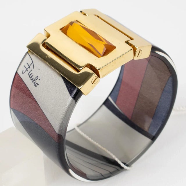 Gold Emilio Pucci Jeweled Bracelet Bangle Lucite with Purple and Gray Silk Inclusion For Sale - Image 8 of 10