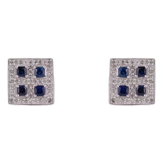 Art Deco Blue Sapphire & Diamond Square Halo Wedding Stud Earrings - 2 Pieces For Sale