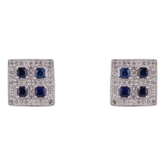Art Deco Blue Sapphire & Diamond Square Halo Wedding Stud Earrings - 2 Pieces For Sale