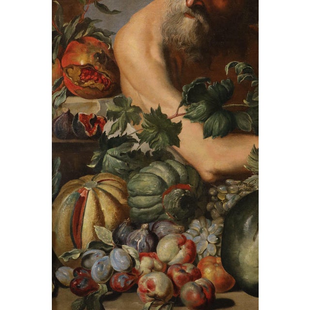 Bottega Di Abraham Brueghel, Portrait of the Greek Philosopher Diogenes with a Composition of Fruit, 1680, Oil on Canvas For Sale - Image 4 of 14