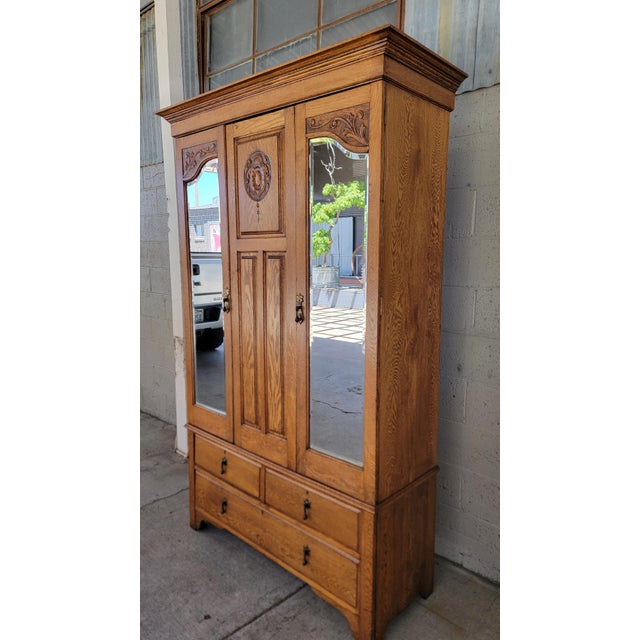English Antique Armoire / Wardrobe English Oak With Beveled Mirror Doors For Sale - Image 3 of 18