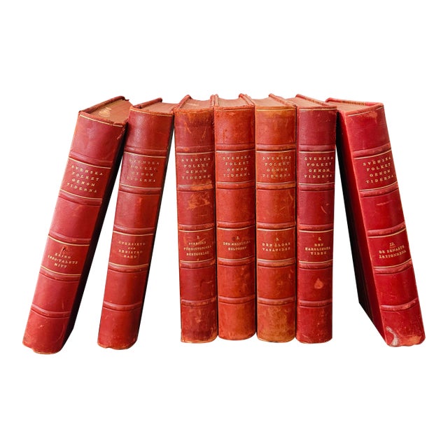 Set of Seven (7) Swedish Leather Books Svenska Folket Genom Tiderna Decorative Stack For Sale