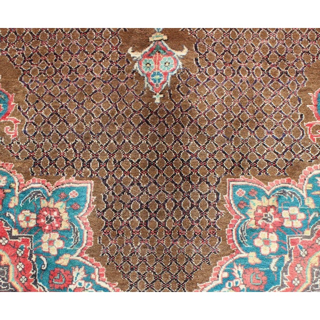 Camel Hair Vintage Persian Serab Rug in Brown, Red, Turquoise and Dark Blue For Sale - Image 11 of 13