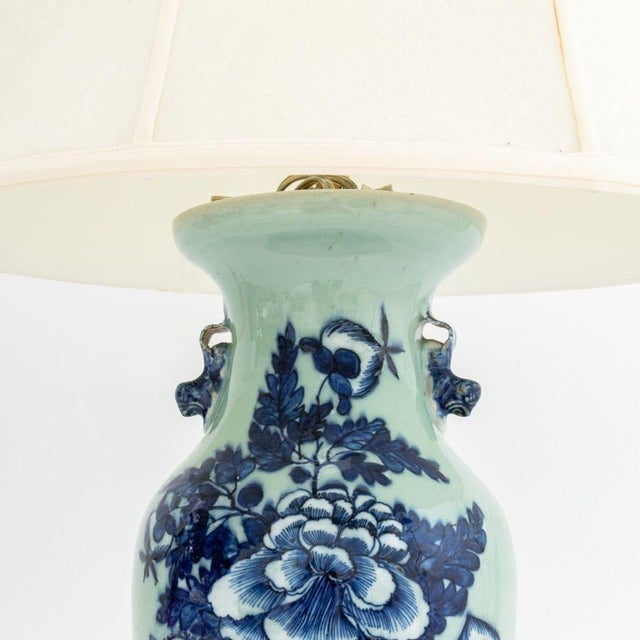 Chinese Blue and Celadon Glazed Porcelain Vase Mounted as a Table Lamp, the vessel with hand-painted floral motif, the...