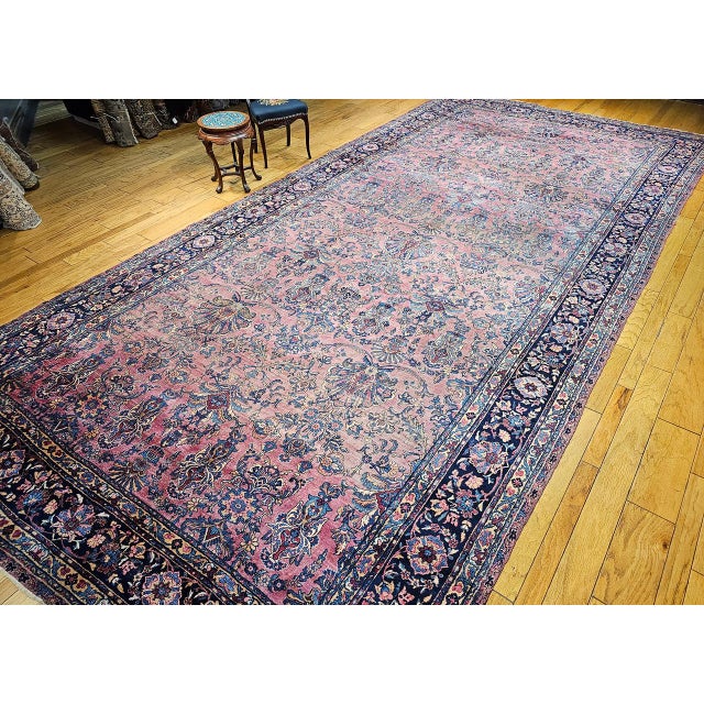 Antique Oversized Persian Manchester Kashan Rug, Hand-Knotted Wool, Floral Pattern, 10x20, Burgundy & Blue For Sale - Image 11 of 18