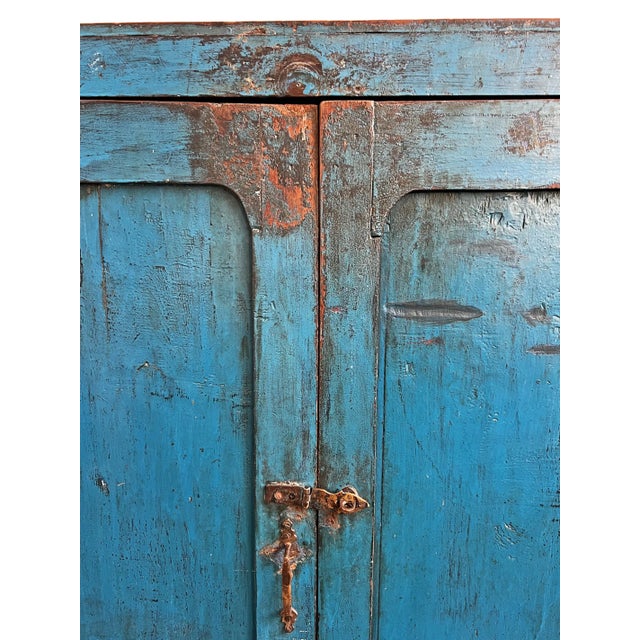 Wood Antique Cobalt Blue Indian Farmhouse Storage Cabinet For Sale - Image 7 of 9