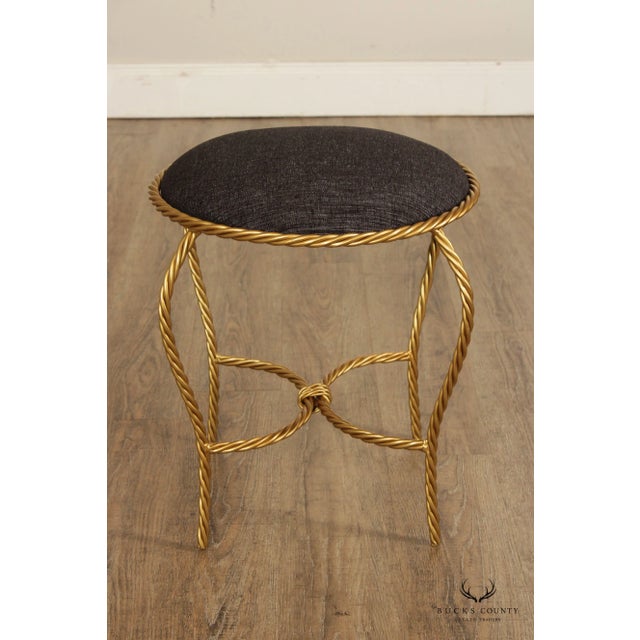 Hollywood Regency Pair of Gilt Metal Rope Twist Stools For Sale - Image 11 of 13