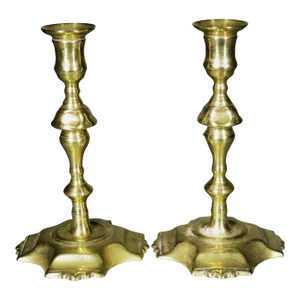 English Brass Candlesticks With Petal Base- Pair
