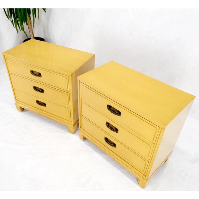Wood Pair Davis Mid-Century Modern Lemon Yellow Drop Pulls 3 Drawers Bachelor Chests For Sale - Image 7 of 13