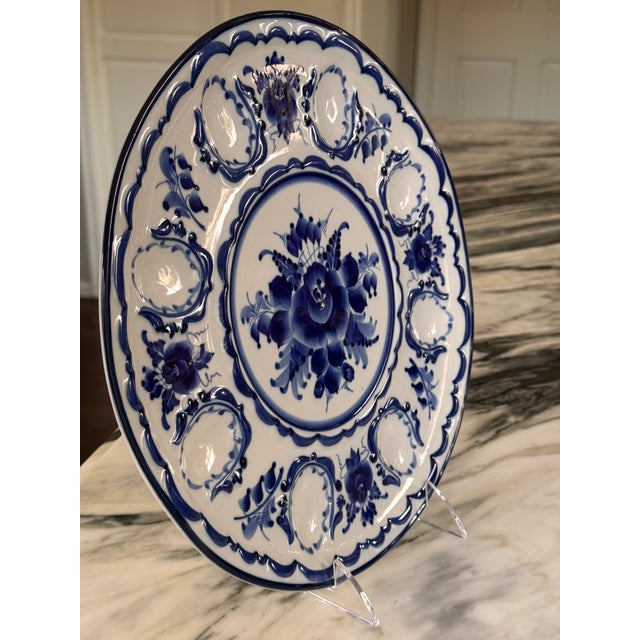 Vintage Gzhel Hand Painted Oyster Plate or Egg Plate For Sale - Image 9 of 9