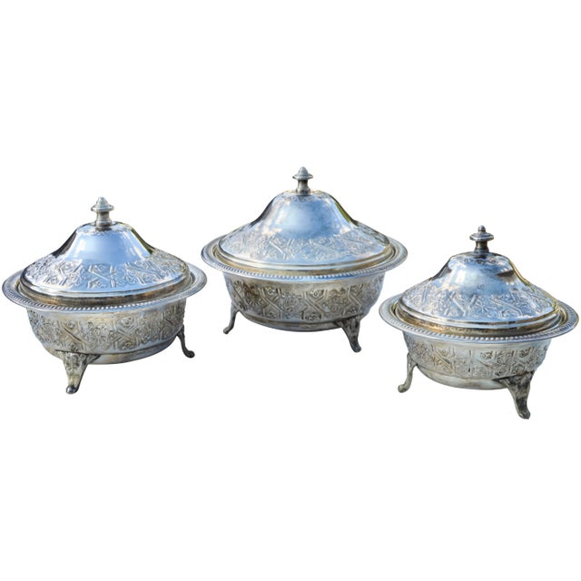 Mid 20th Century Handcrafted Moroccan Engraved Lidded Bowls- Set of 3 For Sale - Image 4 of 9