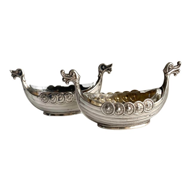 Sterling Silver Salt Cellars Norwegian Viking Ship Theodor Olsen Norway For Sale