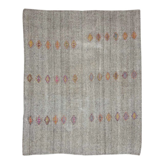 Vintage Gray Embroidered Kilim Rug For Sale